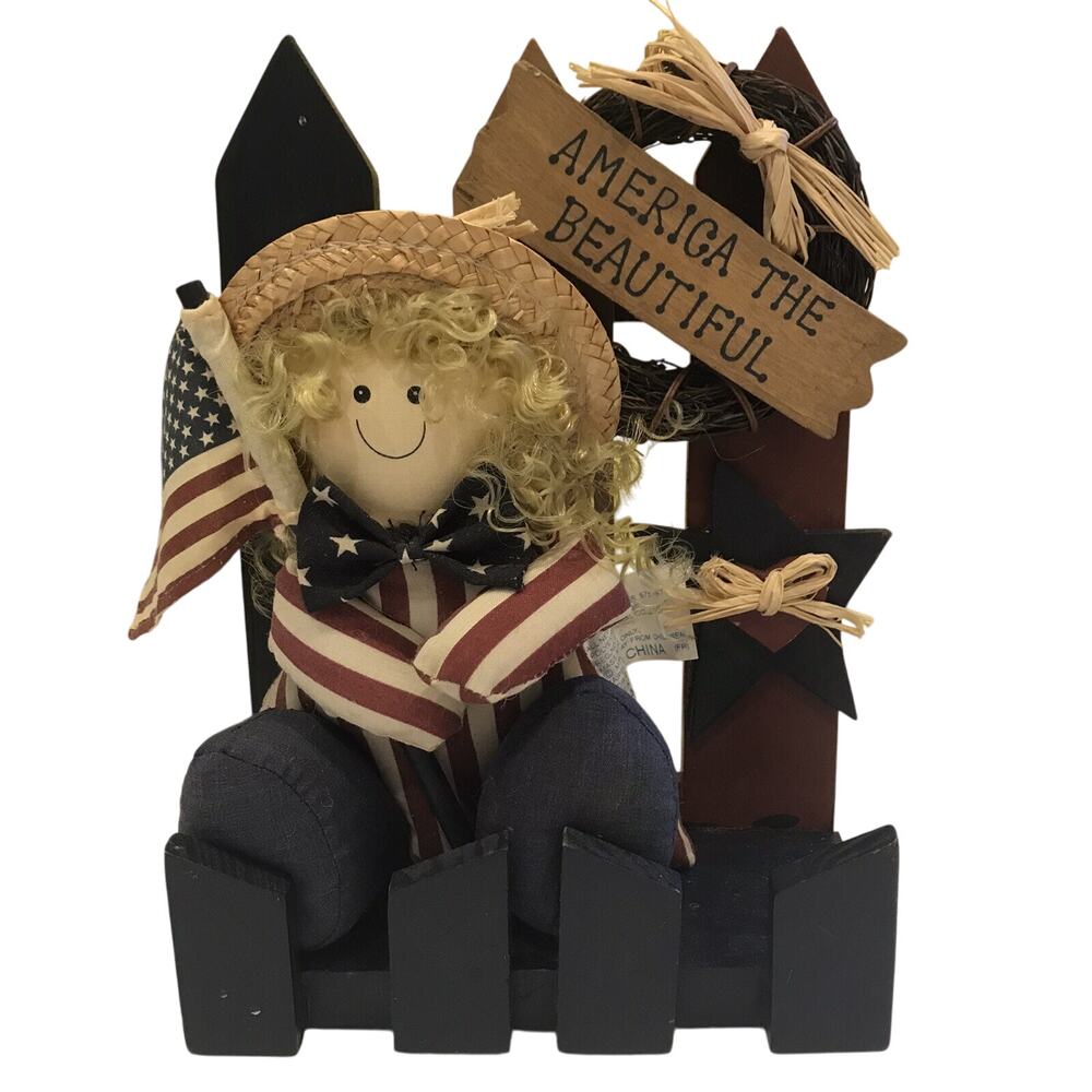 MTY International "America The Beautiful" Doll Fence Flag July 4th Decor VTG